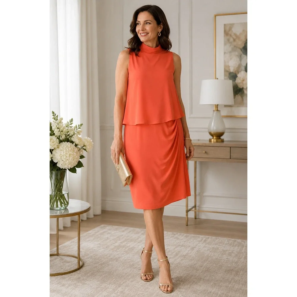 Lauren Ralph Lauren Coral Mock Neck Overlay Ruched Midi Dress Size 6 Cocktail